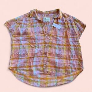 American Eagle Short Sleeve Linen Blend Plaid Button Down Shirt Size Medium NWT